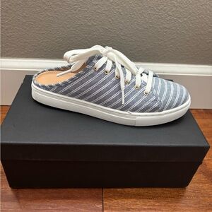 NIB Club Monaco Jamila Blue Striped Sneakers with White Accents